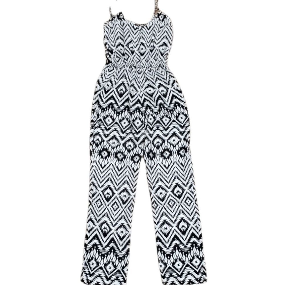 Aqua Black White Boho Print Sleeveless Jumpsuit XS